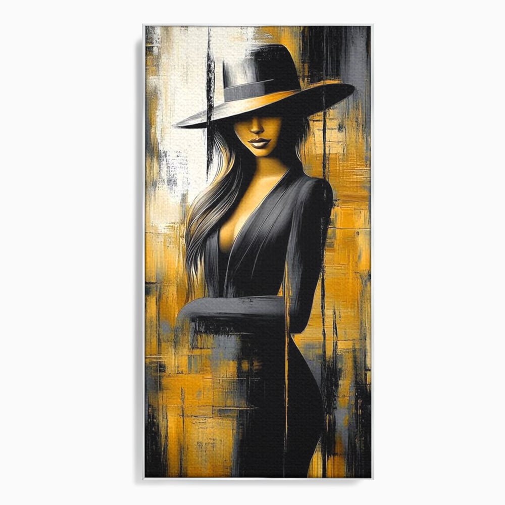 Tablou canvas cu tablou canvas cu silueta feminina si palarie, in rama de aluminiu argintiu